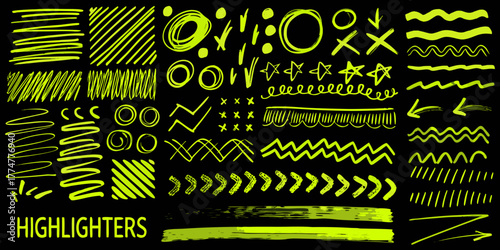 Collection of hand drawn highlighter doodles and scribbles in bright yellow green on black background