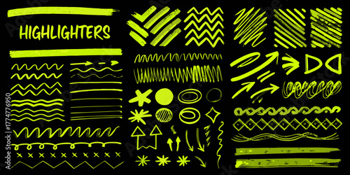 Collection of hand drawn neon yellow highlighter marks and symbols on a black background