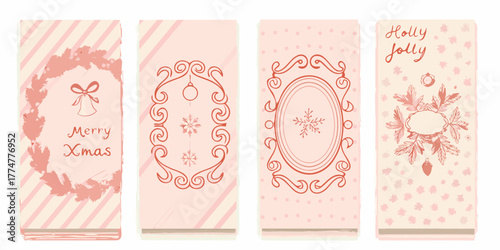 Set of four delicate christmas greeting card designs featuring festive ornaments and winter motifs