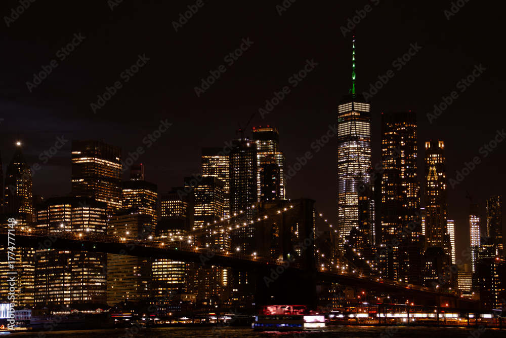 Fototapeta premium Skyline de la ciudad de Nueva York desde Brooklyn una noche otoñal. Brooklyn Bridge y Lower Manhattan iluminados desde el césped de Main Street Park. NYC, USA. 2019.