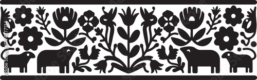 Delicate folk art border design with stylized sheep and flowers in black silhouette, representing nature and tradition. isolated on white background, Vector, illustration