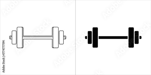 Set of two dumbbell icons, one outlined and one solid black