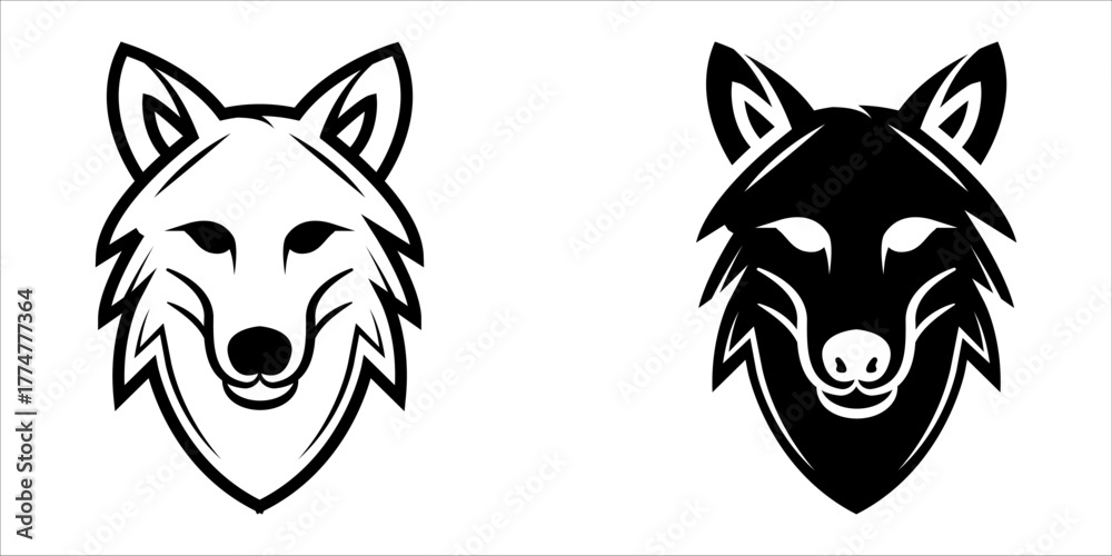 Fototapeta premium Wolf icon set. illustration of a wolf head. It features a stylized wolf face with a simple yet striking design. The image is ideal for use as a logo, icon, or design element in various projects.