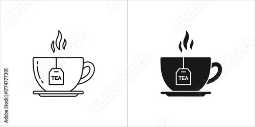 Cup of tea with steam and tea bag, line art and silhouette