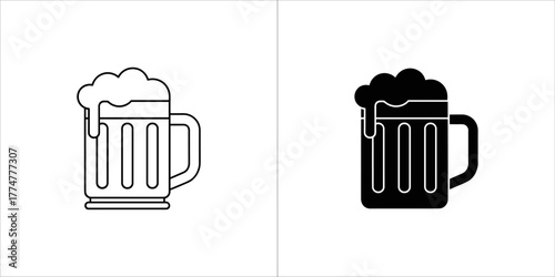 Outline and solid black silhouette of a beer mug with foam