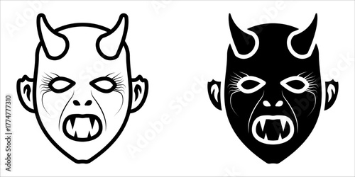 Devil icon set. A set of minimalist illustrations featuring a devil's face with horns. Perfect for Halloween designs, spooky themes, or dark fantasy projects.