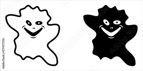 Ghost icon set. A simple cartoon illustration of a ghost shape in black and white, with an outline style and a friendly smiling face.