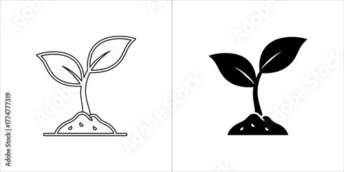 Two young plants, one outlined and one solid black, growing from soil