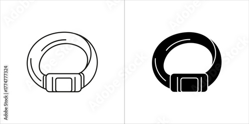 Two icons of a carabiner, one in outline and one in solid black