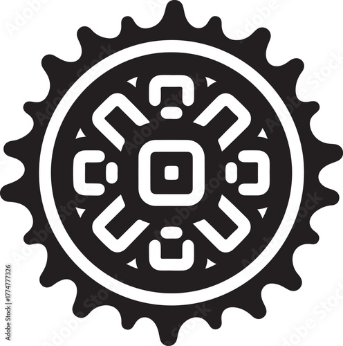 Black and white iconographic illustration of a stylized bicycle chainring with a central square motif and gear teeth, evoking mechanics and movement. isolated on white background, Vector, illustration