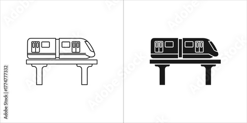 Outline and solid black silhouette of a modern monorail train on elevated track