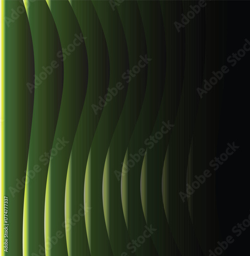 Abstract Green Curves: An artistic composition of flowing green curves, gracefully cascading down a dark backdrop, creating an immersive sense of depth and fluidity.