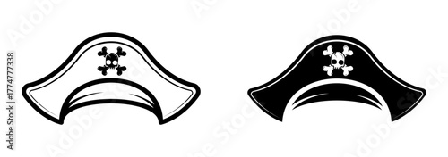 Pirate Hat icon set. Two images showing a pirate hat. Both have a skull and crossbones on them. vector Illustration on white background