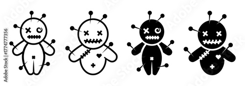 Voodoo icon set. Illustration of a black and white voodoo doll with pins. It can be used for Halloween, witchcraft, or other spooky themes.