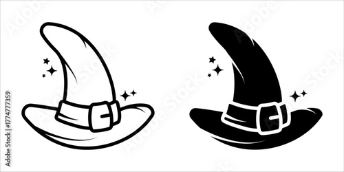 Witch Hat icon set. Minimalist illustration of a witch hat, presented in both outlined and filled silhouette styles, perfect for Halloween themed designs.