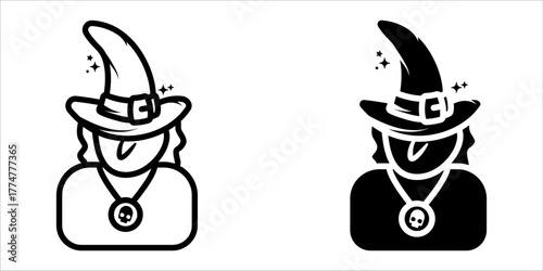 Witch icon set. A simple, Witch with Hat and Skull Necklace Icon Illustration. Great for Halloween themes, magic, or spooky designs.
