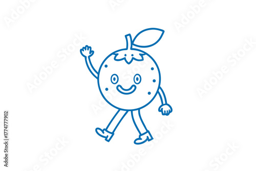 Whimsical citrus fruit character confidently walks and happily waves with a cheerful smile in blue