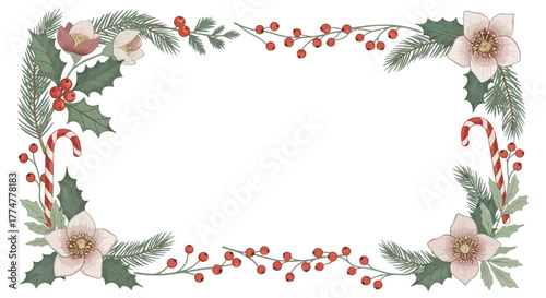 Elegant Christmas Floral Border Vector Illustration with Berries and Candy Cane for Festive Designs