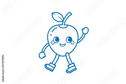 Smiling apple character waves happily while walking with boots, expressed through simplistic blue lines