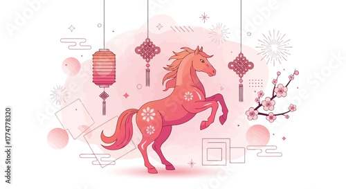Chinese New Year Celebration: Horse, Lanterns, Blossoms, and Festive Decorations