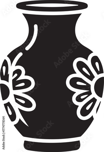 A black silhouette of a vase with floral ornamentation, perfect for home decor and graphic design projects. isolated on white background, Vector, illustration