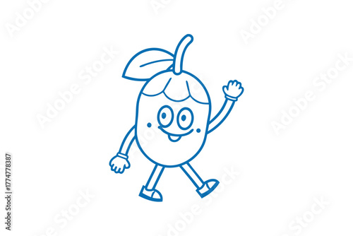 Happy blue outline fruit character smiles and waves hello while walking playfully on white