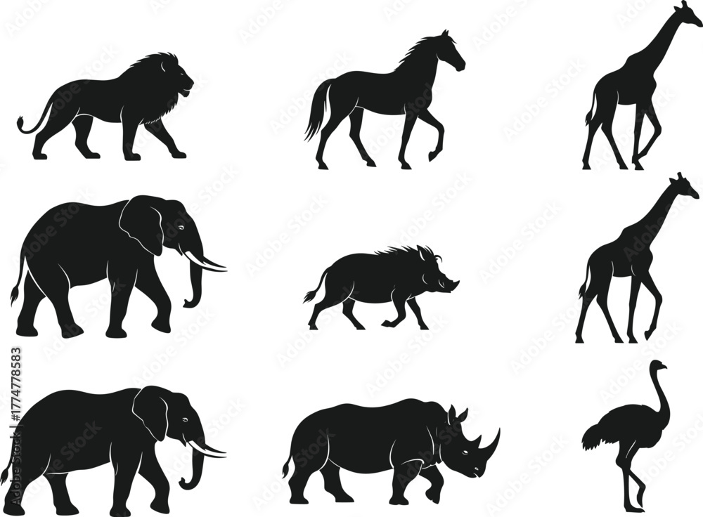 Obraz premium Animal silhouette vector set, wild and domestic creatures, black and white wildlife icons, lion, elephant, horse, giraffe, rhino, ostrich