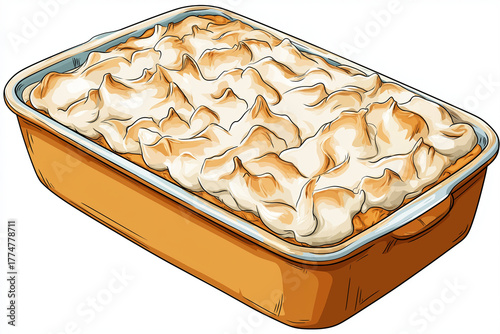 Cartoon sweet potato casserole with toasted marshmallow layer, rectangular pan, warm palette, thick outline, isolated on white, no text, no logos