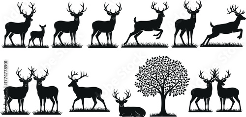 Deer silhouette vector set, forest wildlife illustration, black and white nature design, antlered deer poses, tree element, animal clipart collection