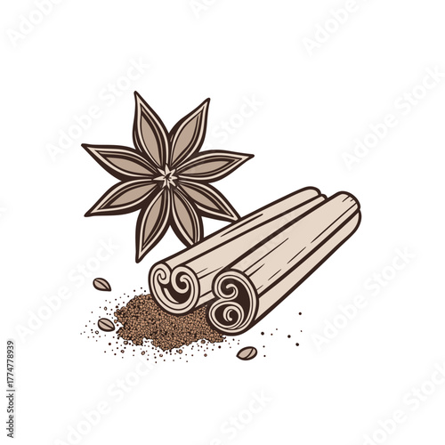 vector icon of star anise and cinnamon sticks.