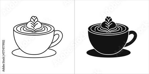 Outline and solid silhouette of a cup of coffee with latte art