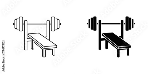 A line drawing and solid silhouette of a weightlifting bench with a barbell