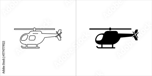 A line art and solid silhouette of a helicopter