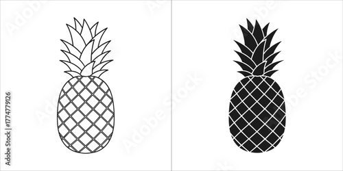 Pineapple fruit icon in outline and solid black