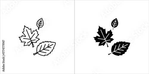 Falling autumn leaves in outline and solid black on