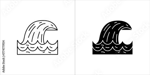 Stylized wave in outline and solid black on