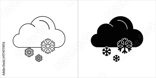 Snow cloud icon, black and white outline and solid fill