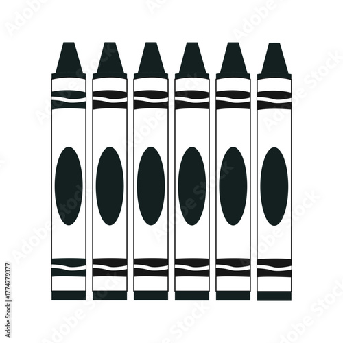 Simple Black and White Vector Icon of Six Crayons Lined Up in a Row, Symbolizing Art, School, and Children