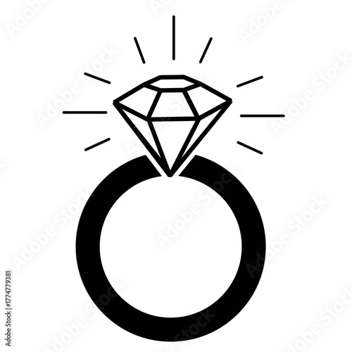 Simple Black Outline Vector Icon of a Diamond Engagement Ring, Symbolizing Marriage, Wedding, and Love