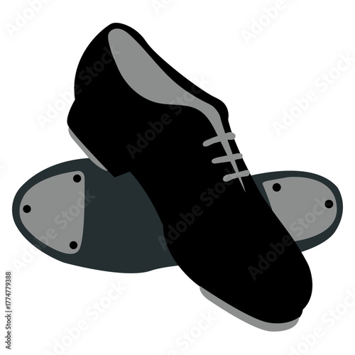 Flat Color Vector Illustration of a Pair of Black Tap Shoes with Metal Taps, Symbolizing Dance and Performance