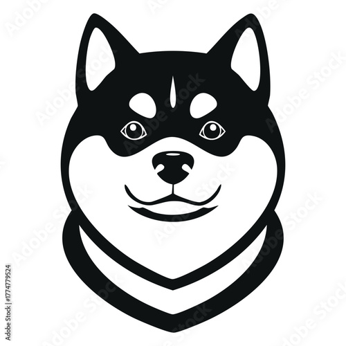 Solid Black and White Vector Portrait of a Shiba Inu or Akita Dog Head, Featuring a Curled Tail Graphic