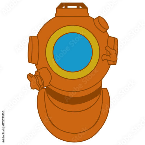 Flat Color Vector Illustration of a Vintage Bronze or Copper Diving Helmet with a Blue Porthole, Symbolizing Deep Sea Exploration
