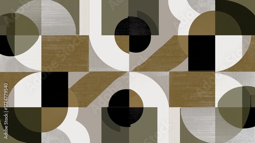 Abstract geometric pattern with circles and squares in earthy tones and muted colors