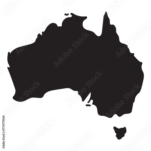 Solid Black Silhouette Vector Map of the Continent of Australia, Including Tasmania, Symbolizing Australian Geography and Travel.