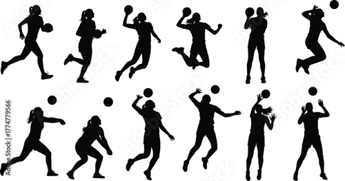 Sport silhouette vector, dynamic athlete poses, ball action movements, black human figures, physical activity icons, fitness illustration for design, education, and content