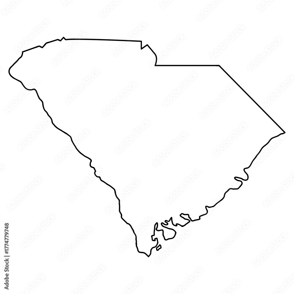 Naklejka premium Minimalist Black Line Art Vector Illustration of the Geographic Boundary Outline of South Carolina, a Blank Map Template of the Southeastern U.S. State for Educational or Political Design