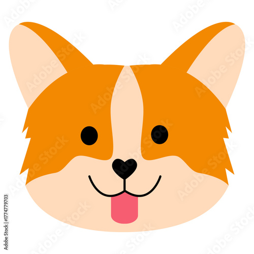 Cute Flat Cartoon Vector Head Portrait of a Happy Pembroke Welsh Corgi Dog, Featuring Orange and White Coloring with a Heart Nose and Tongue Sticking Out.