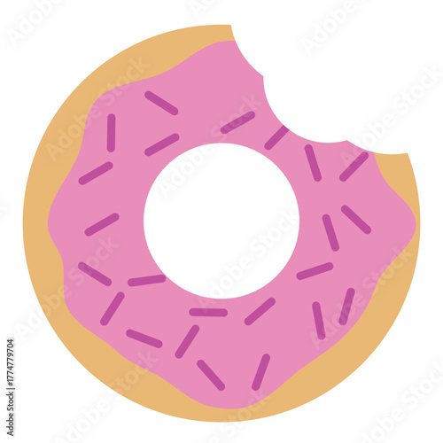 Flat Design Vector Illustration of a Pink Frosted Donut with Sprinkles and a Bite Taken Out, Representing a Sweet Dessert, Bakery Treat, or Junk Food Icon.