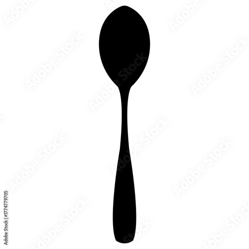 Simple Black Silhouette Vector Icon of an Eating Spoon or Teaspoon, Featuring an Oval Bowl and Tapered Handle, Perfect for Kitchenware and Restaurant Menu Design.