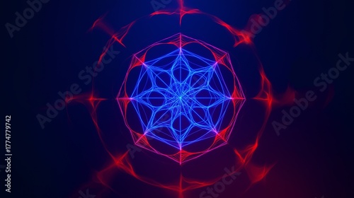 Colorful geometric pattern with red and blue lines creating a star shape on a dark background